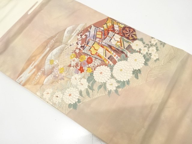 御所車に菊・草花模様織り出し　名古屋帯